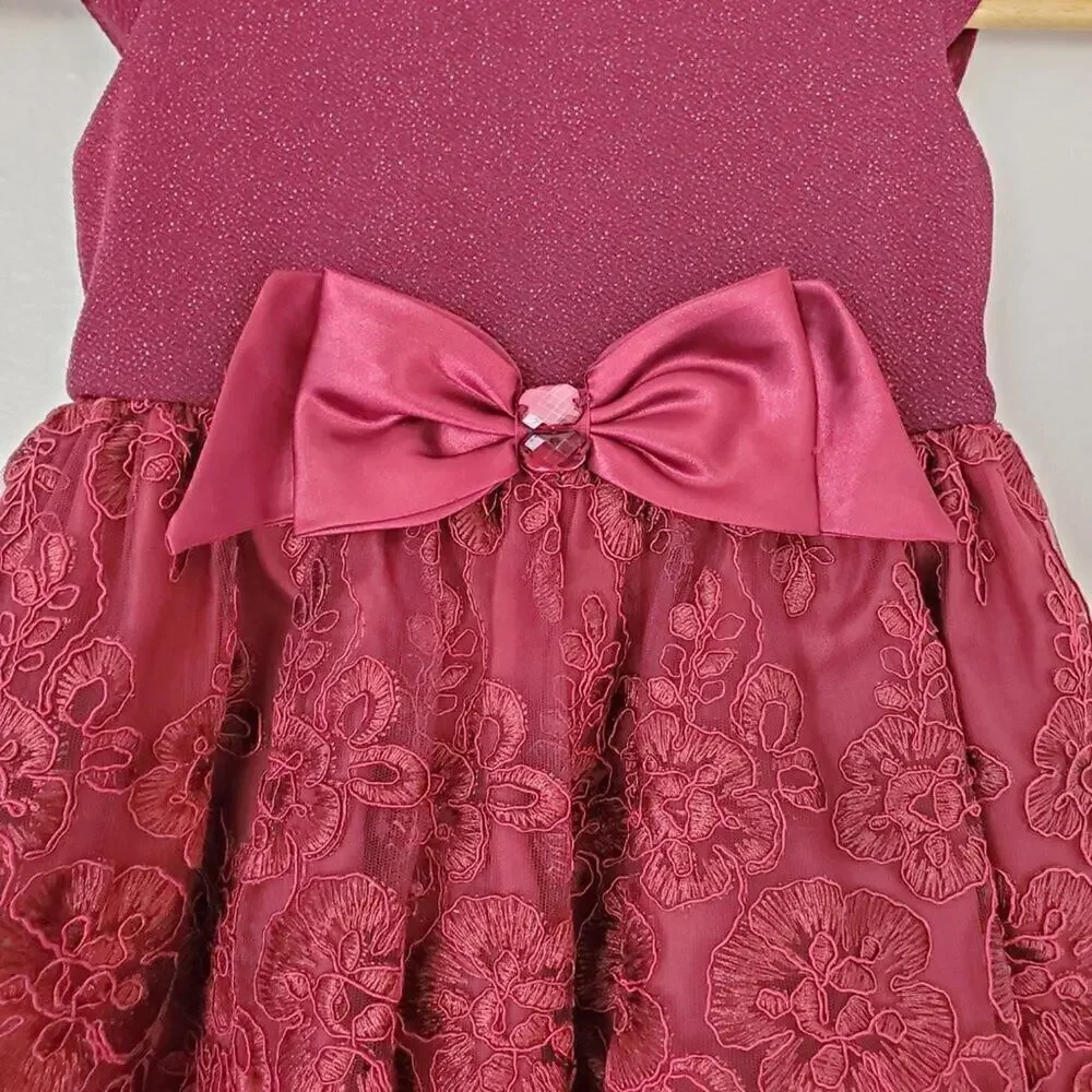 Youngland Girls Size 4 Red Glitter Floral Lace Holiday Dress Large Satin Bow